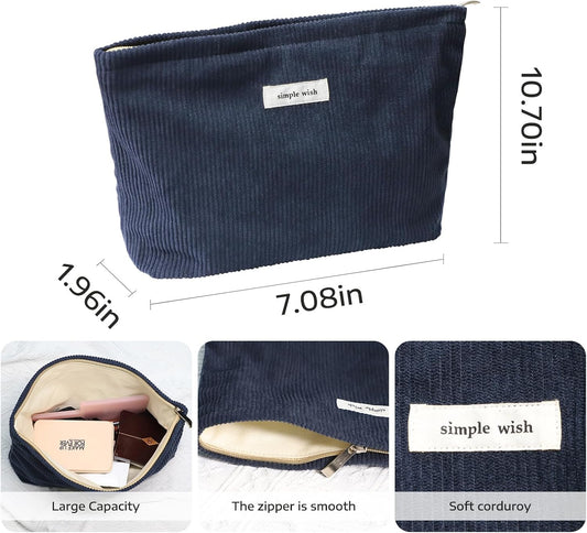 Wudygirl Cosmetic Bags for Women Travel Makeup Bag Aesthetic Women Handbags Purses Large Capacity Corduroy Toiletry Bag Zipper Pouch(Navy Blue)