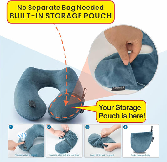 Inflatable Travel Neck Pillow for Airplane Sleeping Blow Up Neck Support Air Pillow Traveling on Plane Long Flights Washable