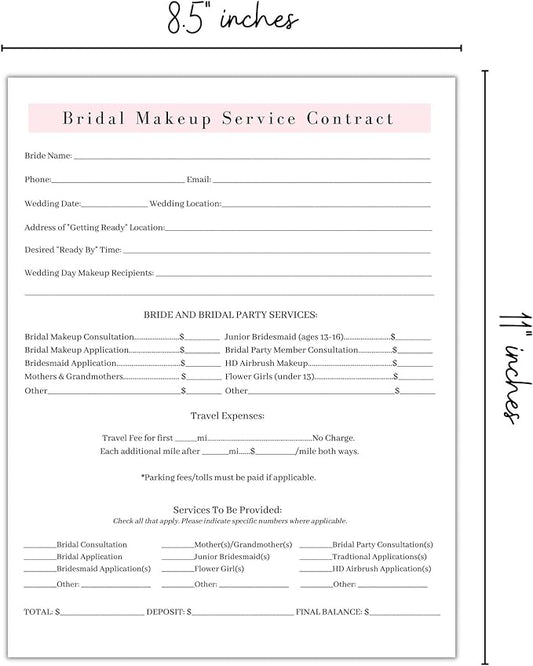 Bridal Makeup Service Contract | 100 Pack | 8.5 x 11" A1 Forms | Makeup Artist Supplies | Bridal Contract | White and Pink Forms