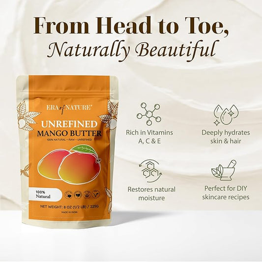 era of nature Organic Unrefined Raw Mango Body Butter Block 8oz - Moisturizing Mango Seed Raw Butter Bar for Skin & Hair, DIY Lip Balm Base, Cream, Soap & Lotion Making Supplies Kit, Personal Skincare