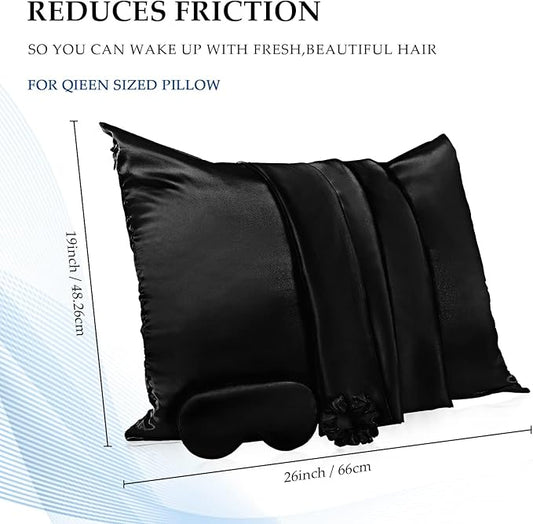 2 Pack Satin Pillowcase with Latent Zipper, Adjustable Satin Eye Mask for Sleeping and Satin Volume Scrunchie for Hair and Skin, Standard Size (Classic Style, Black)