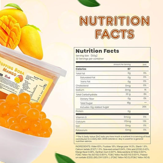 Fanale Mango Popping Boba Pearls, Vegan, Non GMO, Gluten Free, Fat Free, Perfect for Bubble Tea, Smoothies, Ice Cream, Desserts, and Beverages.