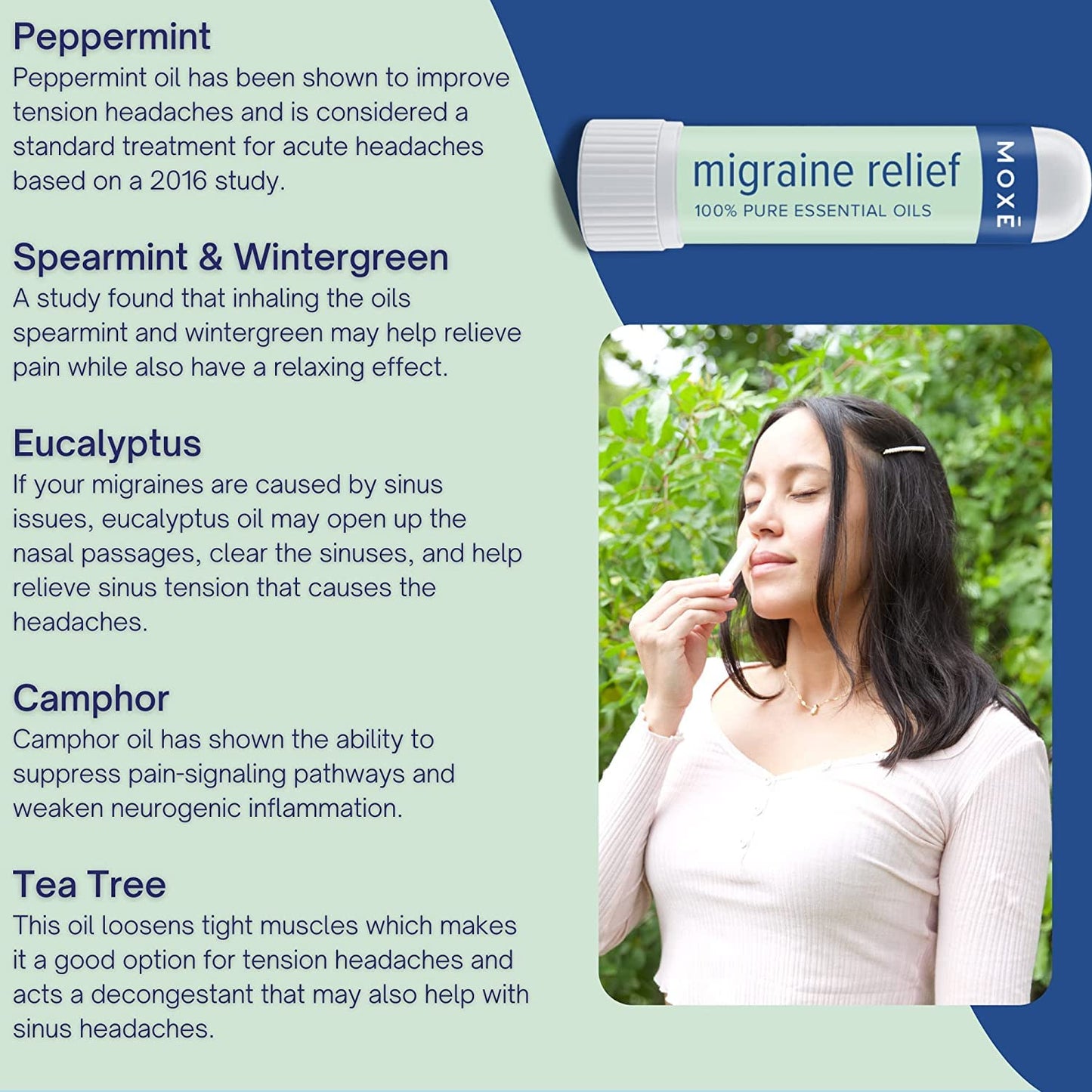 MOXE Migraine Relief Nasal Inhaler, Essential Oils for Headaches & Tension Relief, Portable Aromatherapy, Easy-to-Use, Pure & Undiluted, Peppermint, Spearmint, Eucalyptus, Tea Tree, USA Made, 1 Pack