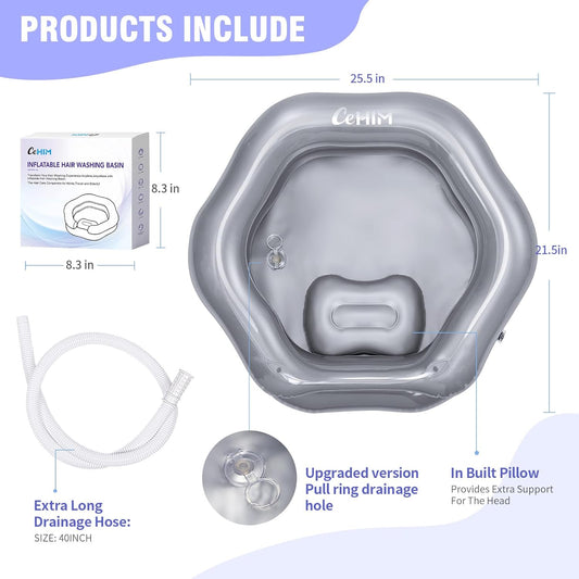 Inflatable Shampoo Basin for Bedridden, Elderly & Disabled - Petal-Shape Large Size, 360° Neck Support, Central Drain Hole with Pull Ring | Leak-Proof PVC Portable Hair Washing Bowl (Silver)
