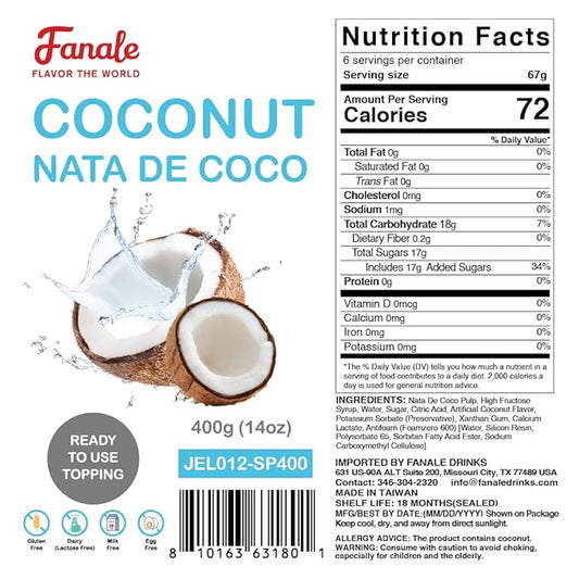 Fanale Coconut Jelly Topping nata de coco for Bubble Tea 400 g | Coconut Flavor Jelly | for Boba Tea, Smoothies, Slushes, Desserts 400g