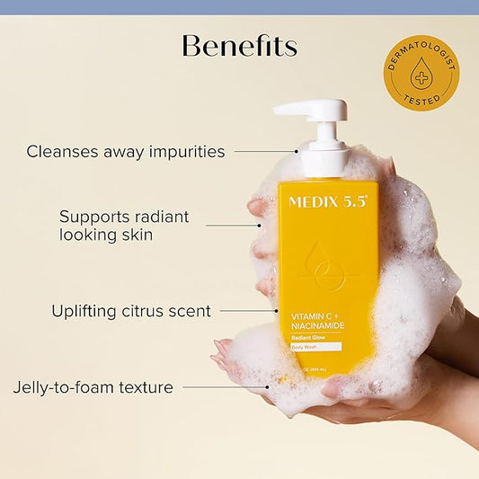 Medix 5.5 Radiant Glow Vitamin C Body Wash W/Niacinamide | Citrus Scented Gentle Body & Face Cleanser For Women, Men, Dry Skin, & Smoother-Looking Skin | Removes Dirt, Oil, & Impurities, 2-Pack