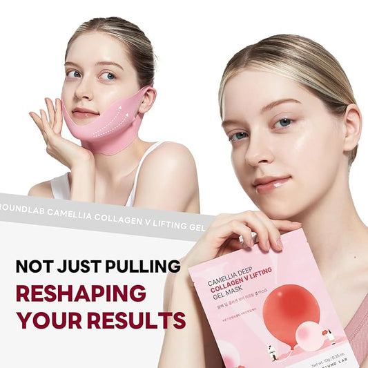 ROUND LAB Camellia Deep Collagen V Lifting Gel Mask 4EA | Double-chin Mask, Instant Cooling & Depuffing, Face Toning Belt, Collagen V-line, Improves Sagging Skin, Lifting & Firming 10g/0.35oz