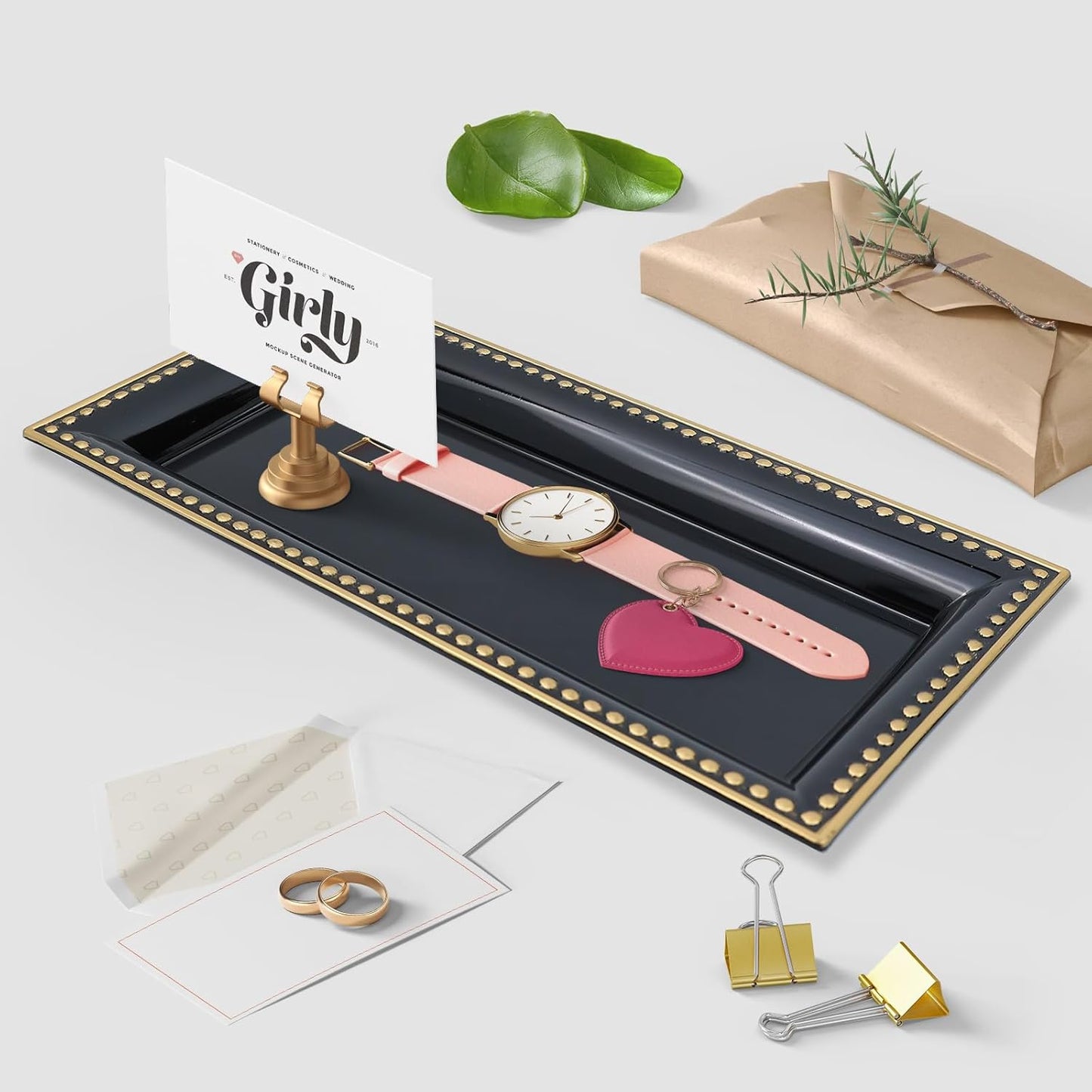 2 Pack Black Bathroom Vanity Tray for Countertop with Beads, Small Plastic Toilet Tank Versatile Storage Organization Tray for Makeup, Perfume, Desk, Kitchen, Candles, 14"x7"x1", 36B