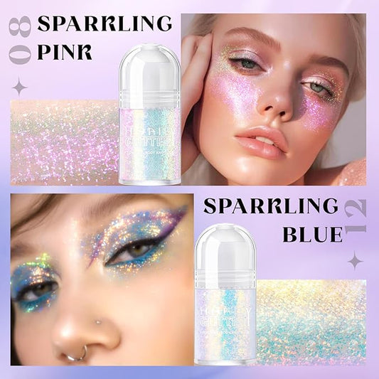 2 Colors Roll-on Body Glitter Gel, Holographic Glitter Gel Under Light for Face Hair, Body Shimmer for Rave Accessories Christmas New Year Halloween Makeup (8+12)