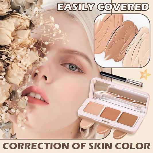 3 Colors Correcting Concealer Palette,Full Coverage Cream Contour Palette,Professional Contouring Foundation Long Wear Highlighting Concealer Contour Cream Makeup Palette with Brush