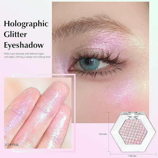 Pink Glitter Eyeshadow Palette, Multichrome Chameleon Cream to Powder Eye Shadow, Color Shifting Holographic Eyeshadow Shimmer Inner Corner Eye Brightener Highlighter Makeup