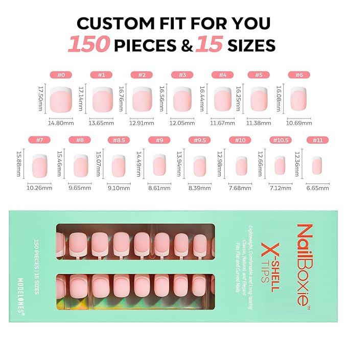 modelones French Tip Press on Nails, 150Pcs Extra Short Square Fake Nails with Nail Box, Pink Gel Nail Tips for Women, Soft Glue-On Nails for Natural Salon Look, DIY Nail Art Kit (15 Sizes)