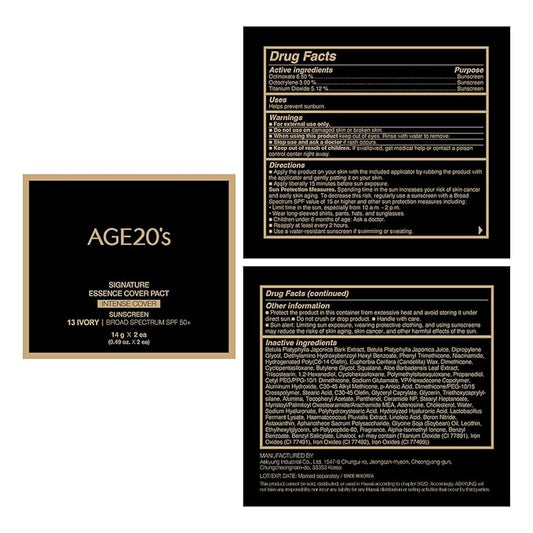 AGE20'S Signature Essence Pact SPF 50+ | Pack of 2 | 13 Ivory | Cream Foundation, Dewy Finish, Natural Coverage | Korean Cushion Foundation