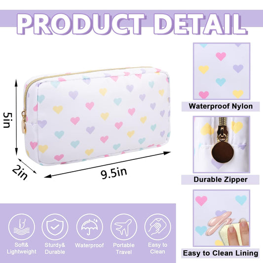 Small Makeup Bag Pouch for Purse,Nylon Travel Toiletry Storage Bag Cute Makeup Organizer Bag for Women Girls,Preppy Waterproof Cosmetic Bag Pouch Skincare Bag Purse with Zipper (Small-White Heart)