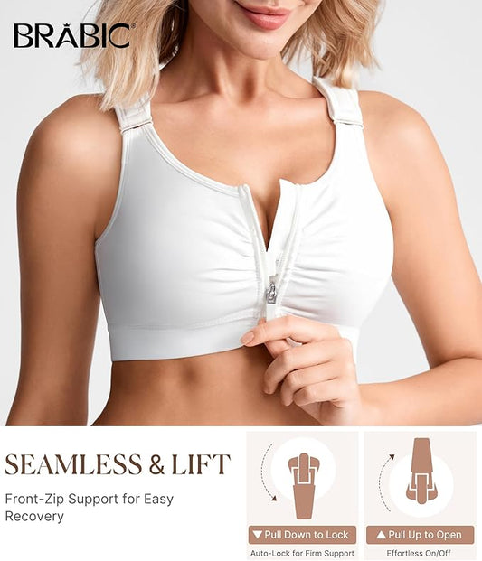 BRABIC Zip Front Closure Everyday Bra for Women Post Surgery Compression Support with Adjustable Straps Wirefree