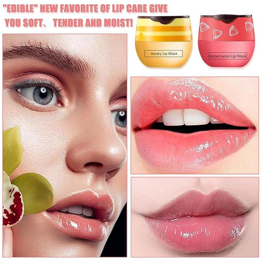 3 Pcs Bee Lip Balm Honey Pot,Honey&Strawberry&Watermelon Lip Sleeping Mask Hydrating Prevention Dry and Cracked Lip Scrubs Exfoliator Lip Care,Lip Mask Overnight Reduces Lip Lines
