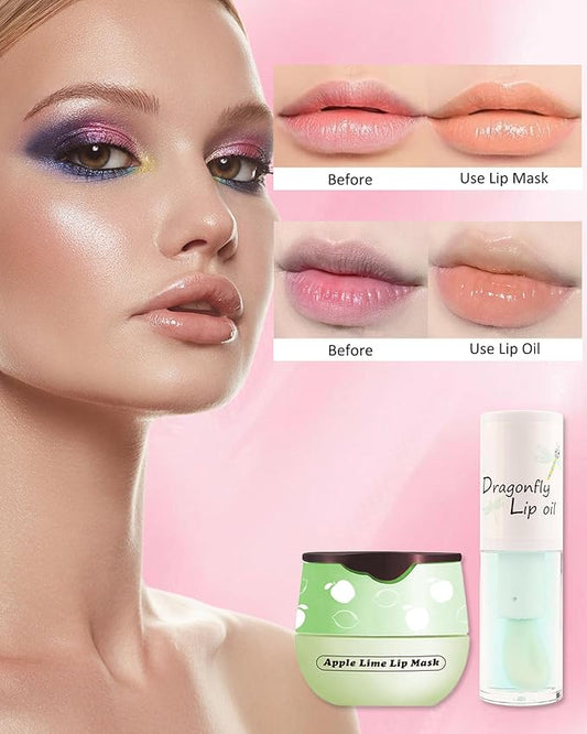 2Pcs Apple Lime Lip Bee Balm Honey Pot Lip Mask & Lip Glowy Oil Lip Gloss Care Set, Propolis Moisturizing & Nourish Lip Gloss Repair, Plump Dry Cracked Lip Scrub Exfoliator bálsamo para labios -Set D