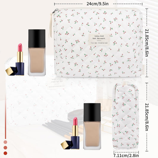 Floral Makeup Bag, Small Cosmetic Bag for Women Girls, Cute Cotton Makeup Bag, Quilted Makeup Bags, Flower Travel Toiletry Organizer Bag(White Cherry)