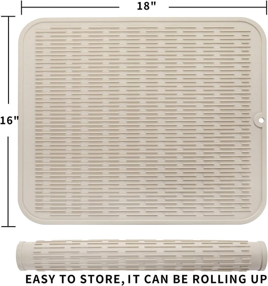 Silicone Dish Drying Mat for Multiple Usage,Easy clean,Eco-friendly,Heat-resistant Silicone Mat for Kitchen Counter or Sink,Refrigerator or Drawer Liner Tapioca XL 18 inches x 16 inches