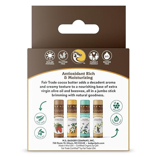 Badger - Cocoa Butter Lip Balm Set, Fair Trade, Certified Organic Lip Butter, Flavored, Cocoa, Vanilla, Orange, Mint, 0.25 oz (4 Pack)