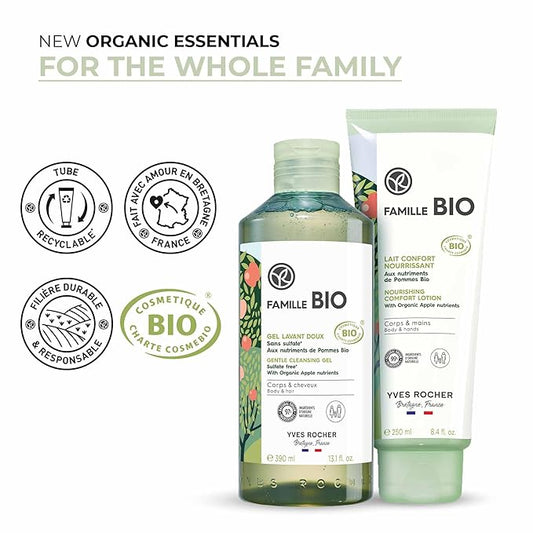 Yves Rocher Famille BIO Organic Cleansing Gel & Nourishing Comfort Milk Gift Set, Includes Vanity Bag, Apple Extract Botanical Formula, Organic Skin Care Products for Kids & Families