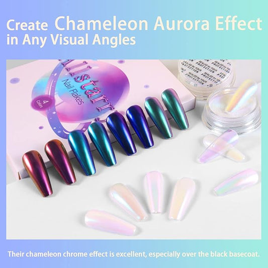 Allstarry White Chrome Nail Powder, 4 PCS Color-Shift Chameleon Chrome Effect Powder Neon Aurora Glitter Dust Iridescent Pearlescent Pearl Pigment for Nail Art Decoration, Gel Polish, Resin Craft