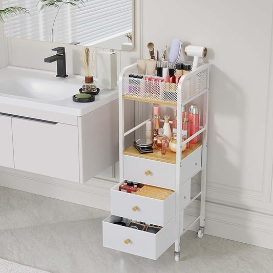 HapiRm Rolling Makeup Cart Organizer - Floor Skincare Make Up Storage with 3 Drawers, Vanity Organizer Cosmetic Display Cases Holder for Skin Care Perfume Nail Polish Brush Hair Tool