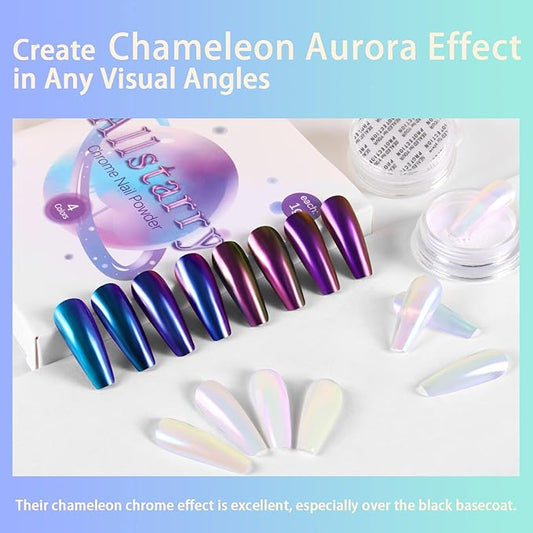 Allstarry White Chrome Nail Powder, 4 PCS Color-Shift Chameleon Mica Powder Pearlescent Pearl Pigment Aurora Chrome Effect Glitter Dust Iridescent for Gel Polish Nail Art Decoration, Resin Craft