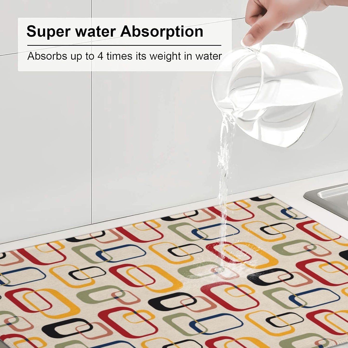 Mid Century Modern Retro Kitchen Drying Mat Vintage Decorative Microfiber Dish Drainer Mat for Kitchen Counter Absorbent Reusable Washable 18x24 Inch