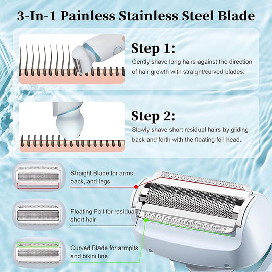 Electric Shaver Razors for Women 2-IN-1 Electric Razor for Womens Legs Underarm Face Pubic Hairs,Wet Dry Use Rechargeable Bikini Trimmer Hair Removal with Detachable Head,Painless IPX7 Waterproof Blue