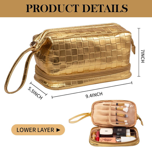Abiudeng Large Capacity Makeup Bag Ladies Cosmetic Bag Travel Bag with Compartments Portable PU Leather Travel Makeup Bag with Handle