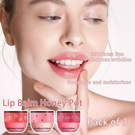3 PCS Bee Lip Balm Honey Pot, Watermelon & Cherry & Strawberry Lip Mask Overnight Propolis Moisturizing Lip Balm Hydrating Prevention Dry and Crack Lip Scrubs Exfoliator Lip Wrinkle Care (Set C)