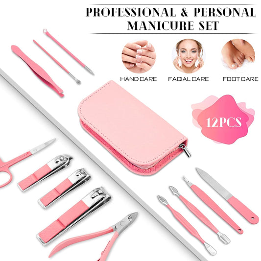 BLESWIN Manicure Pedicure Set, 12 Pcs Nail Care Kit for Women, Mens Nail Grooming Kit, Manicure & Pedicure Tools & Accessories, Pink Nail Kit Manicure Set Luxury Leather Case for Home Salon Use