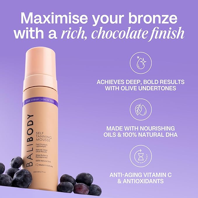 Bali Body Deep Violet Self Tanning Mousse โ Self Tanner Mousse Violet-Based Formula for Dark, Fake Tan with Olive Undertones โ Hydrating, Sunless Tanner for Sensitive Skin โ 200ml / 6.7fl oz