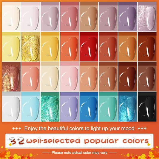 JODSONE 36 Pcs Gel Nail Polish Kit with U V Light of 32 Color Gel Polish Nail Collections Base and Top Glitter Coat Manicure Tools