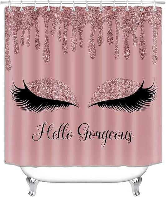4PCS Rose Gold Glitter Hello Gorgeous Shower Curtain Set, Bling Unicorn Eyelash Makeup Glam Fashion Girly Teenage Girls Women Pink Bathroom Decor, Fabric Shower Curtain, Bath Mat Toilet Rug