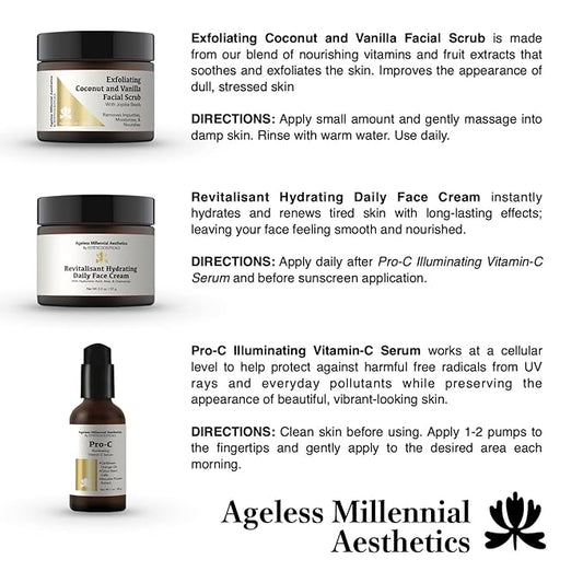 Ageless Millennial Aesthetics - Days Skin Care Gift Box - 1 Exfoliating Coconut Scrub - 2.0oz, 1 Pro-C Illuminating Antioxidant Serum - 1.0oz, and 1 Revitalisant Hydrating Cream - 2.0oz
