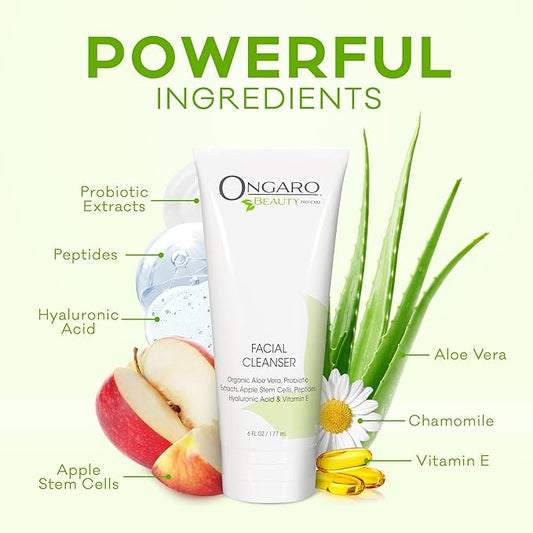 Ongaro Beauty Hydrating Face Cleanser, Gentle Facial Cleanser with Organic Aloe Vera for Normal, Oily, Sensitive and Dry Skin, Facial Wash with Hyaluronic Acid and Vitamin E, 6 fl oz