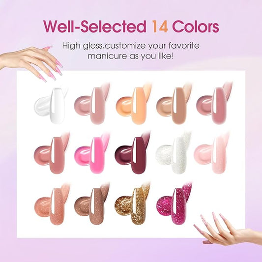 ROSALIND Poly Nail Gel Colors Kit -14 Colors +72 Nail Art Accessories kit Glitter Poly Nails Gel Kit Starter Kit with Mini UV Lamp Slip Solution Nude Pink Poly Nail Art for Beginners with Everything