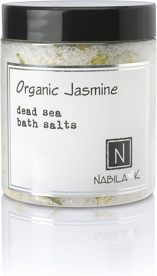 Organic Jasmine Bath Salts by Nabila K - Dead Sea Salt & Epsom Salt Scrub & Soak - Exfoliates & Hydrates Skin, Botanical Essential Oils - Bubble Bath Accessories for All Skins Types, 8 oz