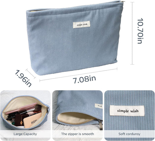 Wudygirl Makeup Bag Portable Cosmetic Bag Travel Makeup Pouch for Women and Girls Large Capacity Corduroy Travel Toiletry Bag (Light Blue)