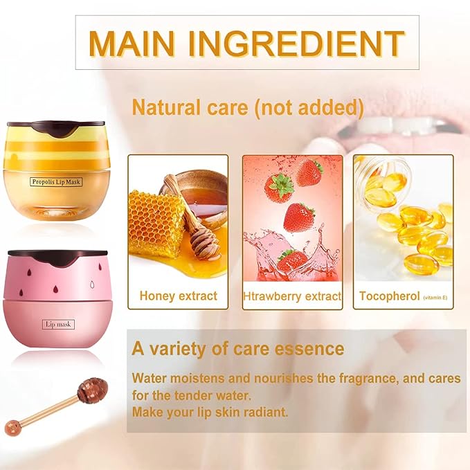 Bee Lip Balm Honey Pot, 4 PCS Strawberry & Honey Lip Masks Hydrating Prevention Dry and Cracked Lip Scrubs Exfoliator,Lip Sleep Mask Reduces Lip Lines,Lip Exfoliating Bee Lip Balm Sleeping Lip Mask