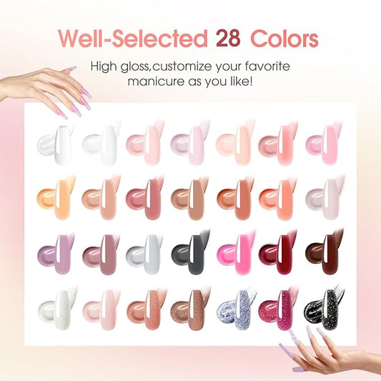 ROSALIND 28 Colors Poly Nail Gel Kit with Mini U V/LED Lamp White Nude Poly Nails Gel Kit Starter Kits With Slip Solution Pink Extensions Set for Nail Manicure Beginner