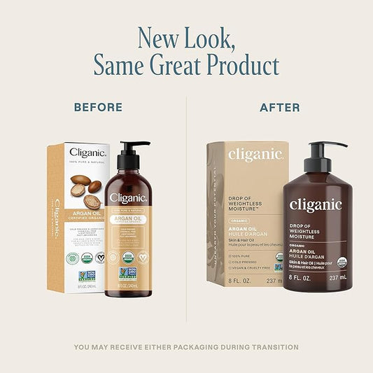 Cliganic Organic Argan Oil 8oz with Pump, 100% Pure - for Hair, Face & Skin (Packaging May Vary)