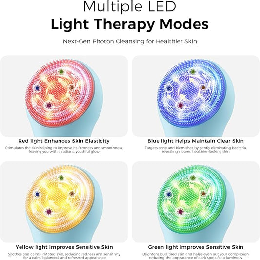 Facial Cleansing Brush: Rechargeable LED Electric Face Cleansing Brush with 4 Gentle Light Liquid Silicone Modes Face Scrubber Exfoliator,IPX7 Waterproof Ideal Gift for Men and Women-Blue