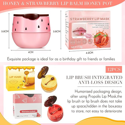 12 Pcs Bee Lip Balm Honey Pot with Brush Propolis Lip Mask Overnight, Moisturizing Hydrating Lip Sleeping Mask Prevention Dry and Cracked(Honey+Strawberry+Watermelon)