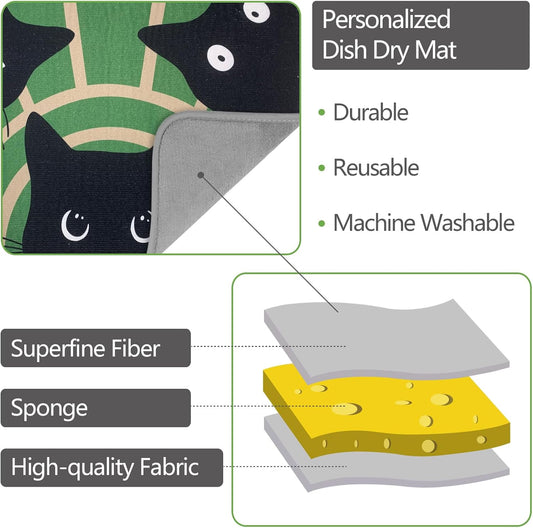 SHIYUE Dish Drying Mat for Kitchen Counter Super Absorbent Spring Kitchen Decor Microfiber Drying Matainers Rack Fast Pad Dish Drainer Mats(Three Cats,18''x24'')