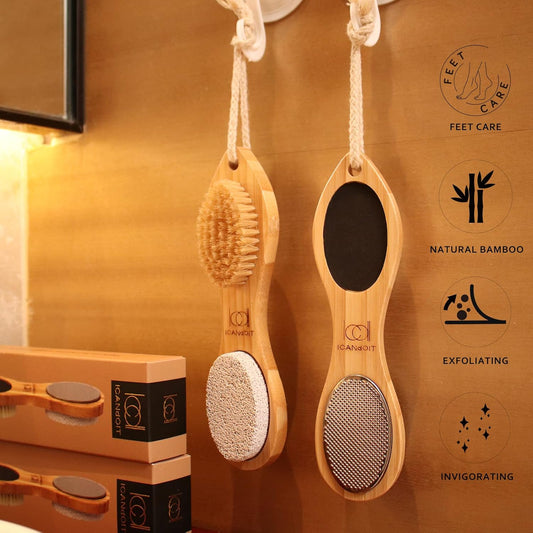 ICANdOIT-2 Packs Natural Bamboo Foot File Callus Remover-Multi Purpose 4 in 1 Feet Pedicure Kit with Boar Bristle Brush,Pumice Stone,Foot Rasp,Sand Paper