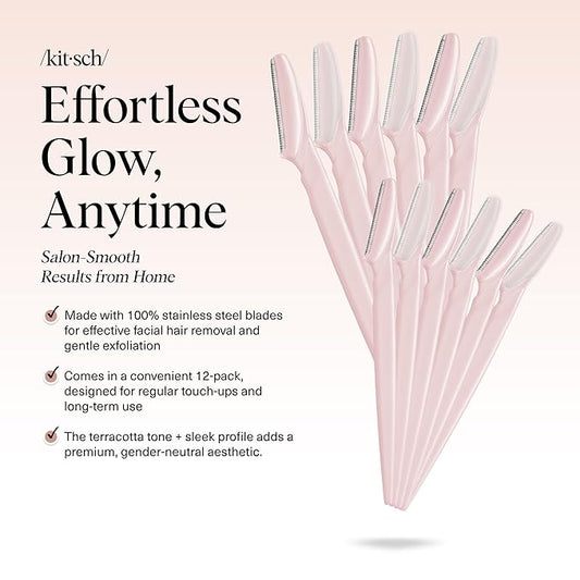 Kitsch Dermaplane Razor for Women Face - Face Razors for Women and Men - Eyebrow Trimmer, Shaver, Recycled Plastic Dermaplaning and Skin Care Tool - Blush, 12 pcs