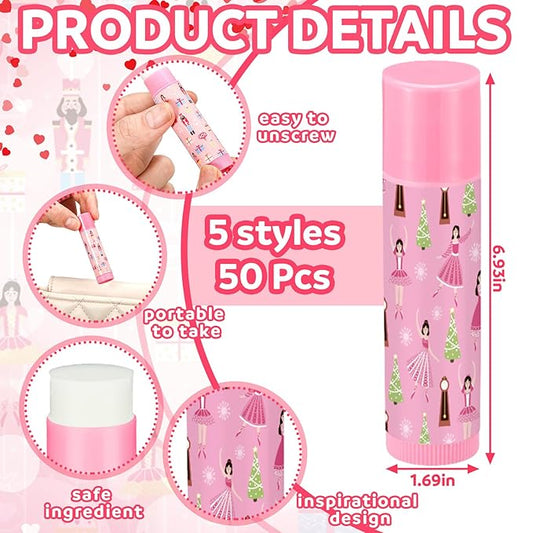 Dunzy 50 Pcs Christmas Lip Balm Gifts Bulk Pink Christmas Nutcracker Themed Lip Balm Xmas Lip Moisturize for Lip Care Xmas Holiday Party Stocking Stuffers, 5 Flavors